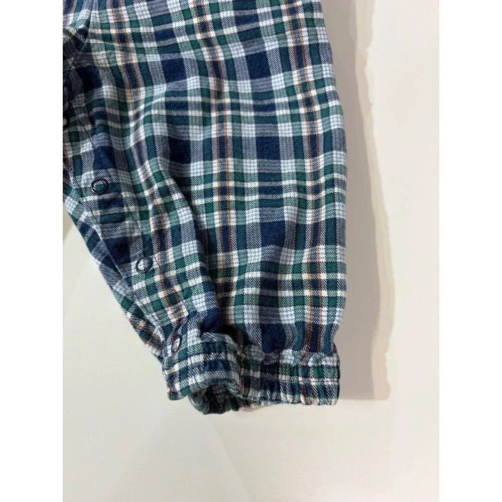 Vintage OshKosh Blue Green White Plaid Cotton Bib Overalls One-Piece 12m